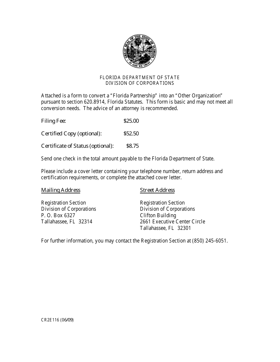 Form CR2E116 Certificate of Conversion for Florida Partnership Into other Organization - Florida, Page 1