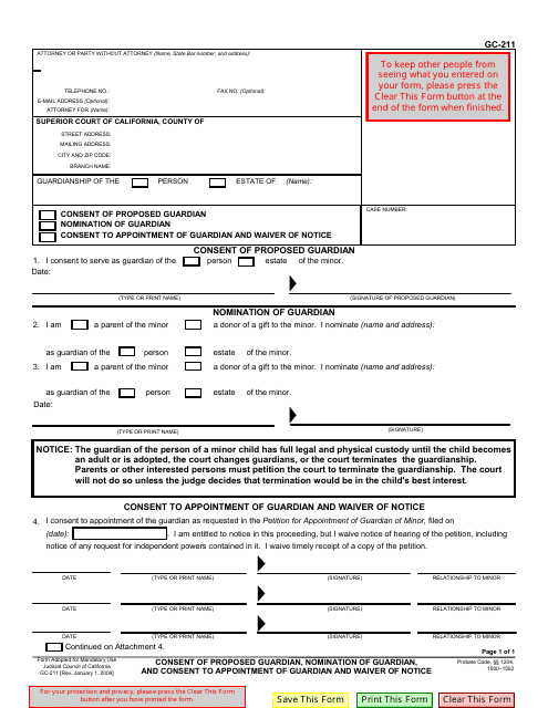Form GC-211 Consent of Proposed Guardian, Nomination of Guardian, and Consent to Appointment of Guardian and Waiver of Notice - California