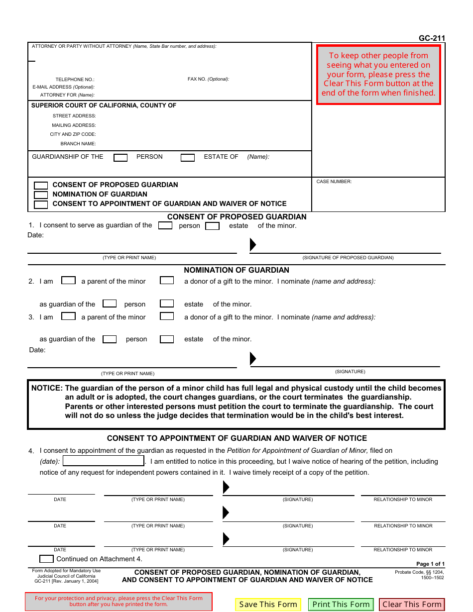 Form GC-211 Consent of Proposed Guardian, Nomination of Guardian, and Consent to Appointment of Guardian and Waiver of Notice - California, Page 1