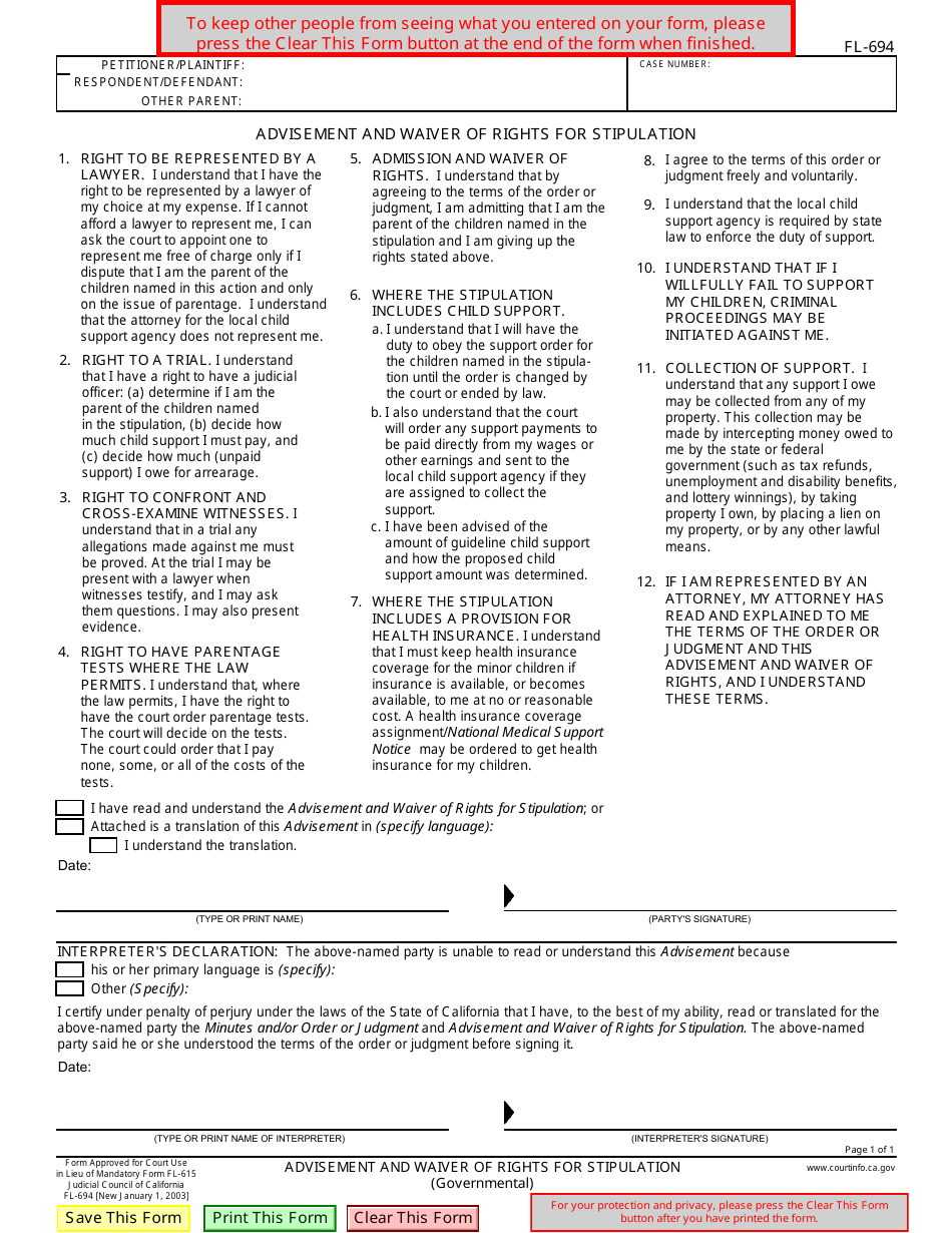 Form FL-694 Advisement and Waiver of Rights for Stipulation - California, Page 1