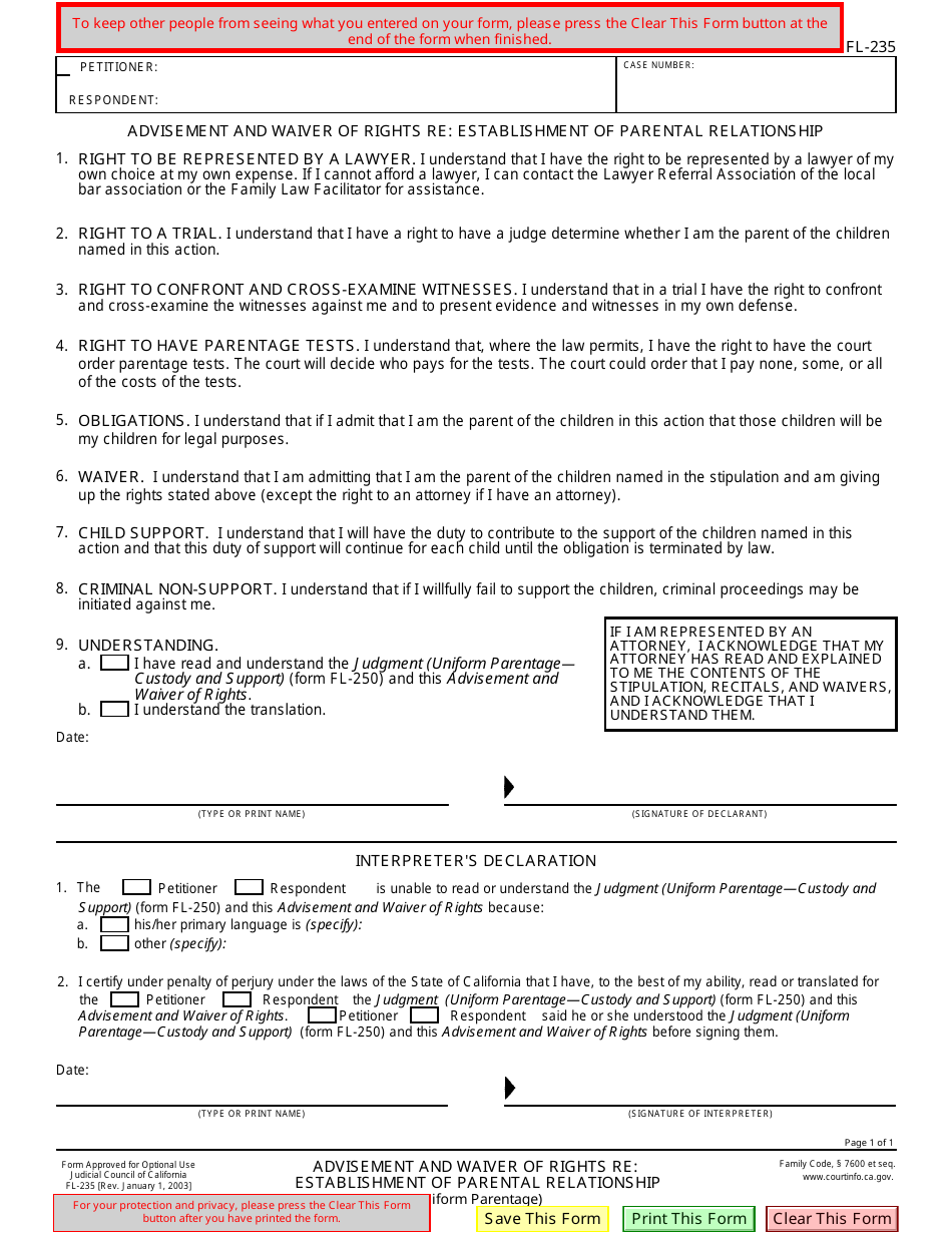 Form FL-235 Advisement and Waiver of Rights Re: Establishment of Parental Relationship - California, Page 1