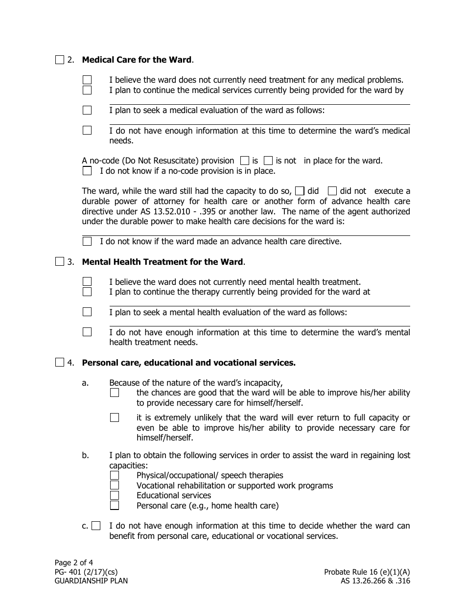 Form PG-401 Guardianship Plan - Alaska, Page 2