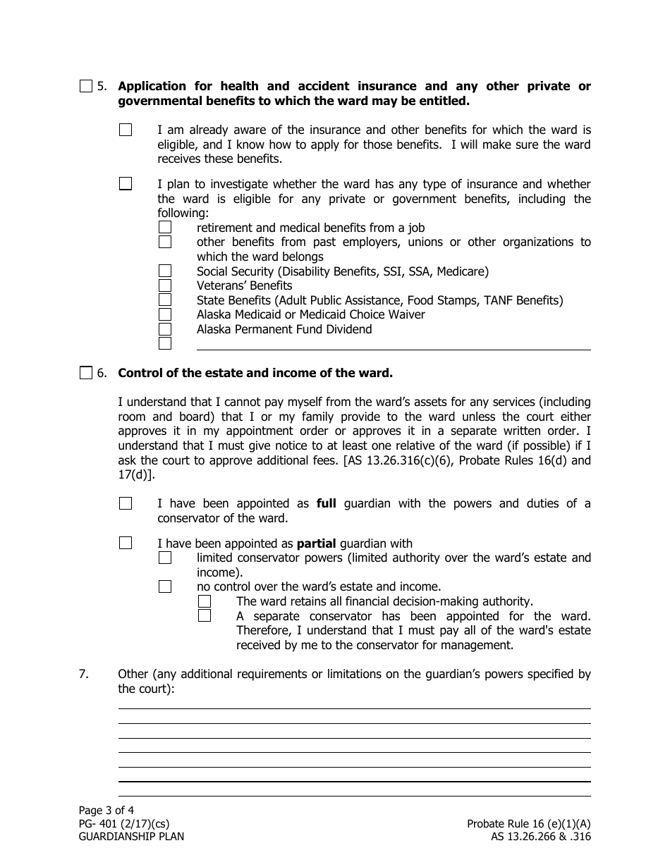 Form PG-401 Guardianship Plan - Alaska, Page 3