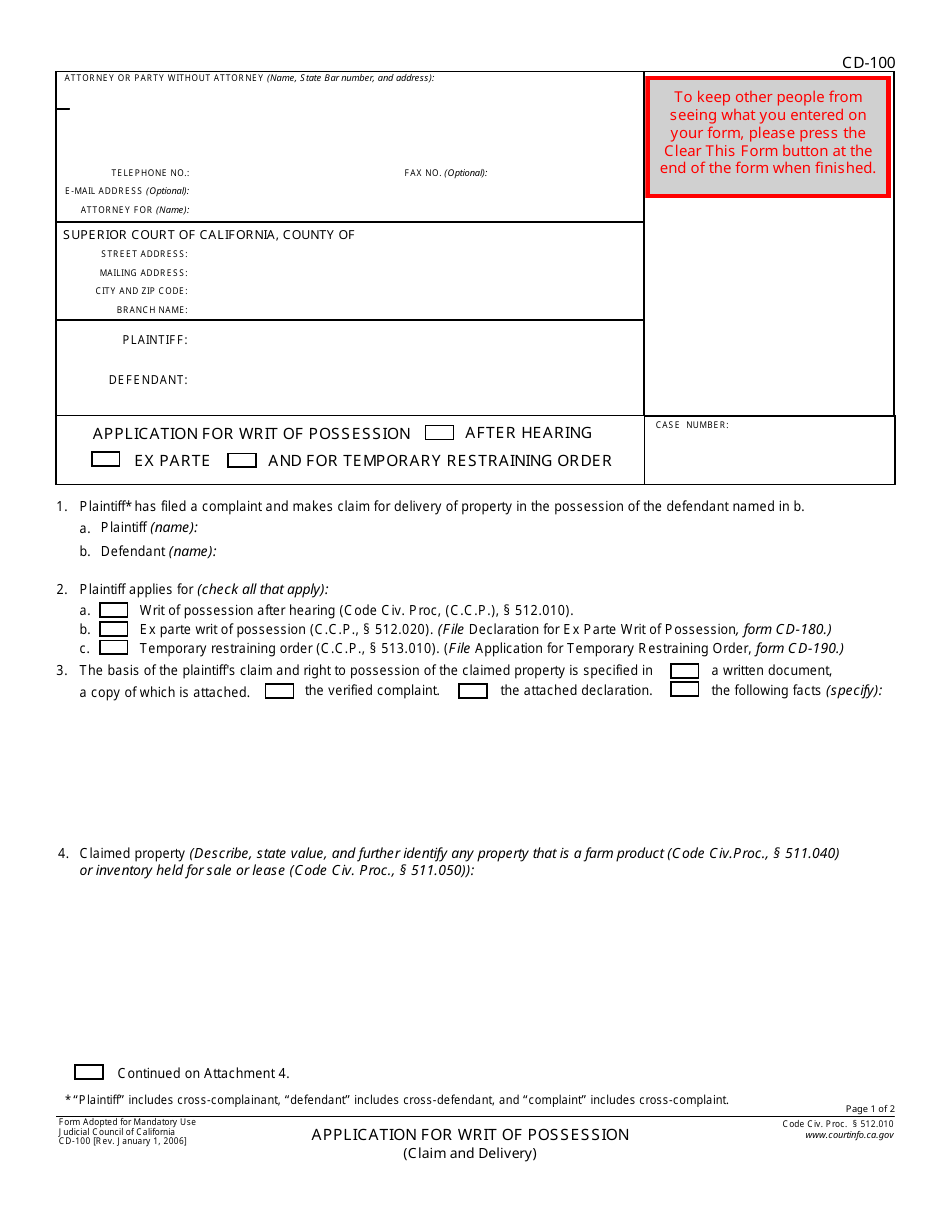 Form CD-100 Application for Writ of Possession - California, Page 1