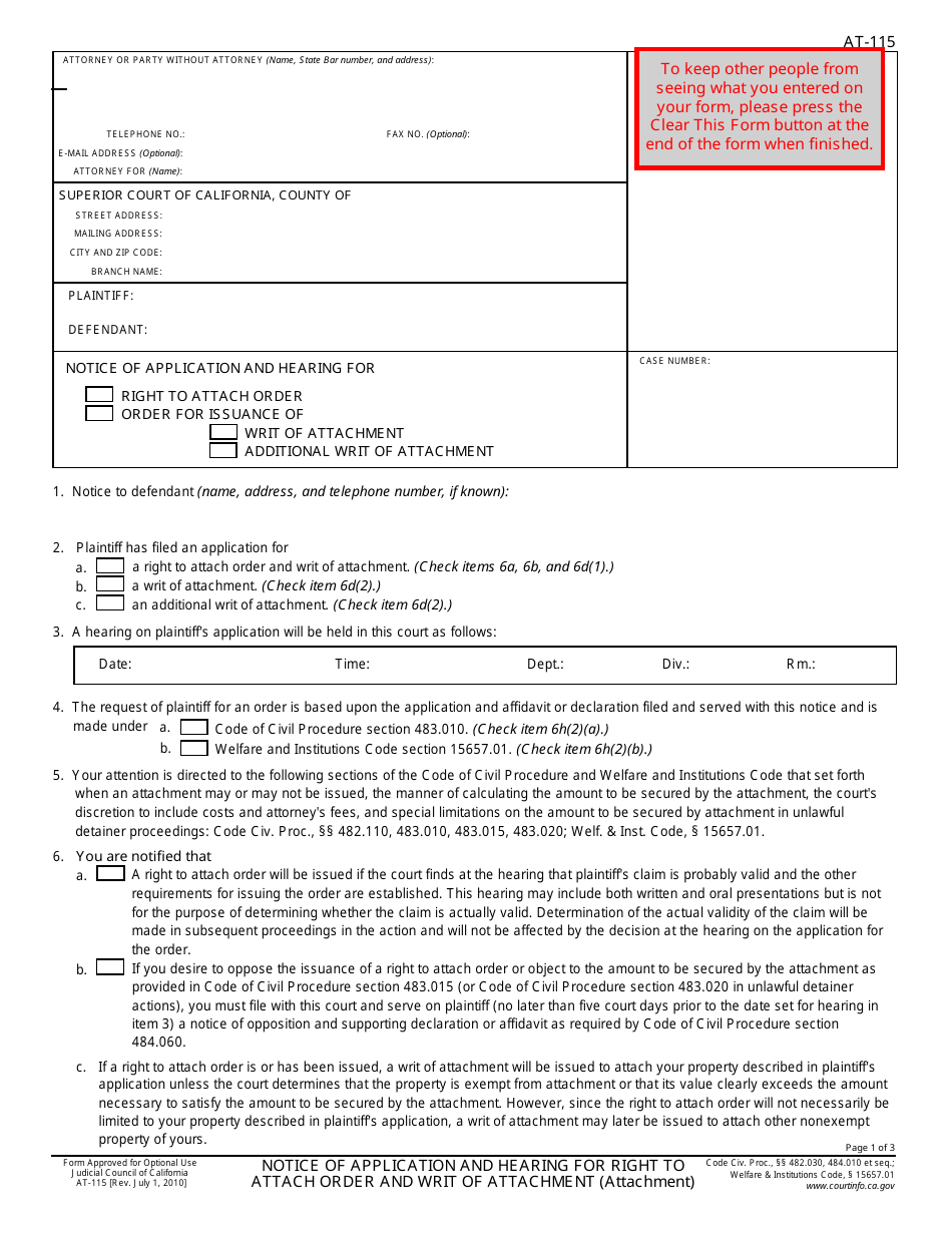 Form AT-115 Notice of Application and Hearing for Right to Attach Order and Writ of Attachment - California, Page 1