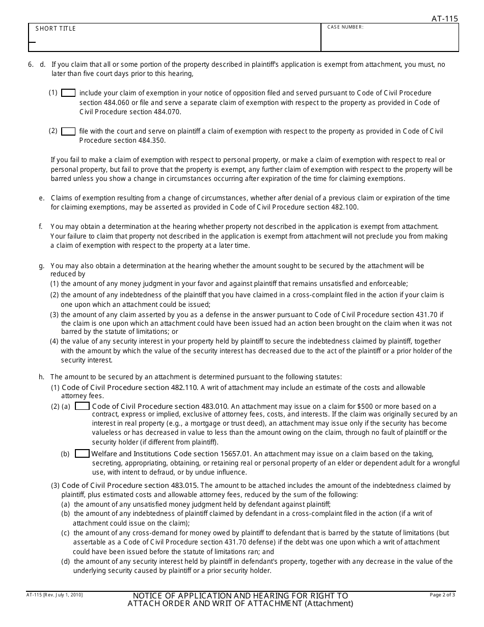Form AT-115 Notice of Application and Hearing for Right to Attach Order and Writ of Attachment - California, Page 2