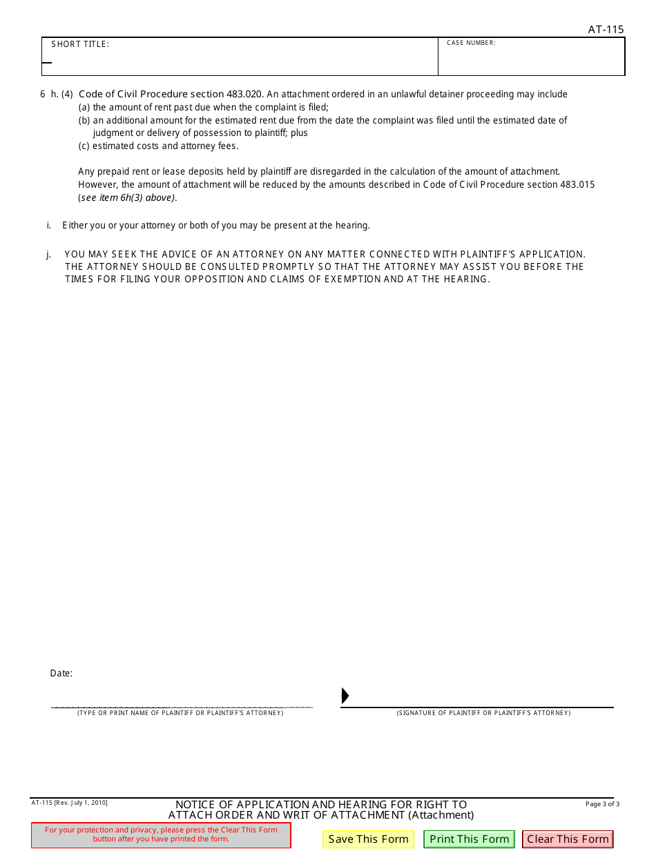 Form AT-115 Notice of Application and Hearing for Right to Attach Order and Writ of Attachment - California, Page 3