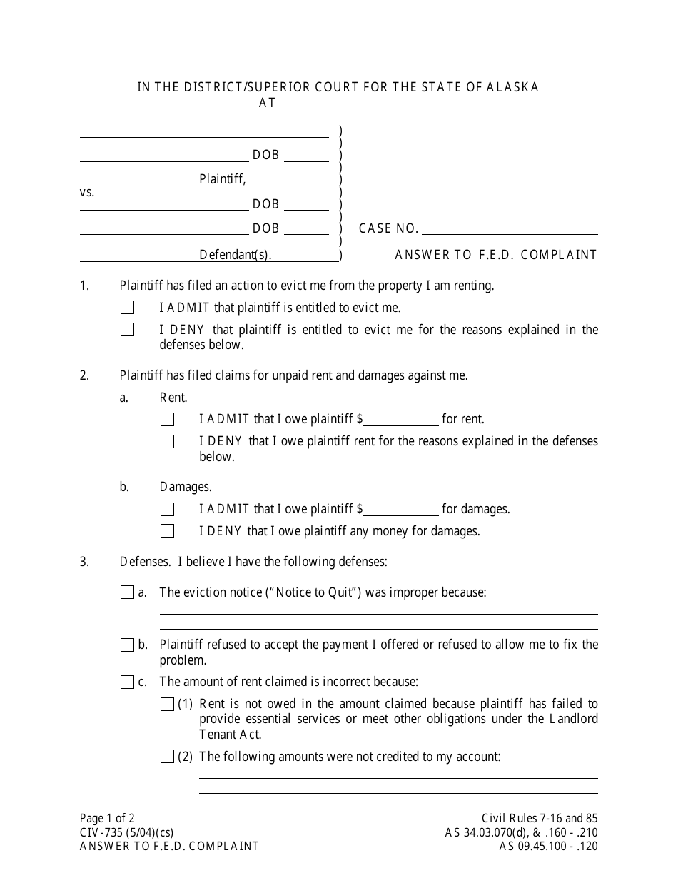 Form CIV-735 Answer to F.e.d. Complaint - Alaska, Page 1