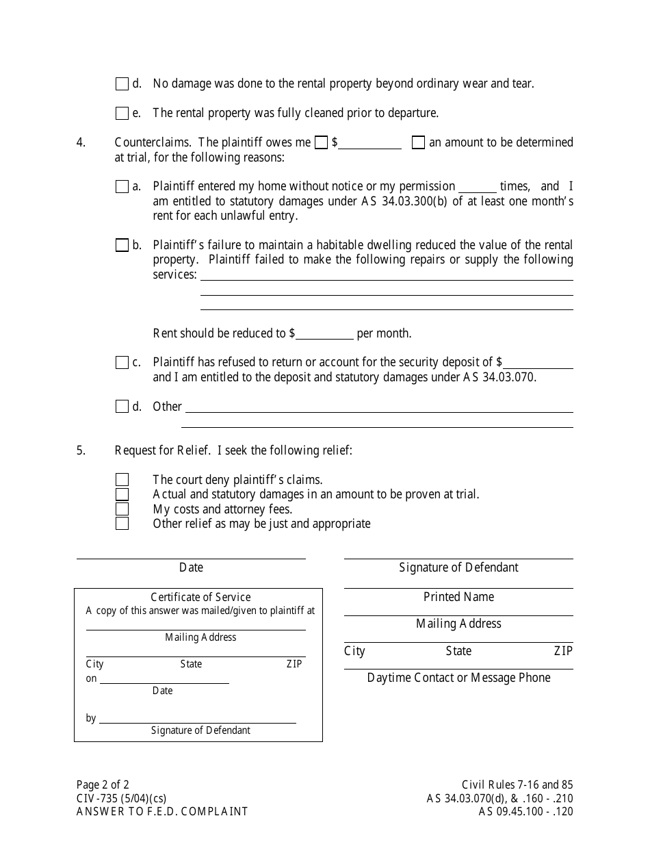 Form CIV-735 Answer to F.e.d. Complaint - Alaska, Page 2