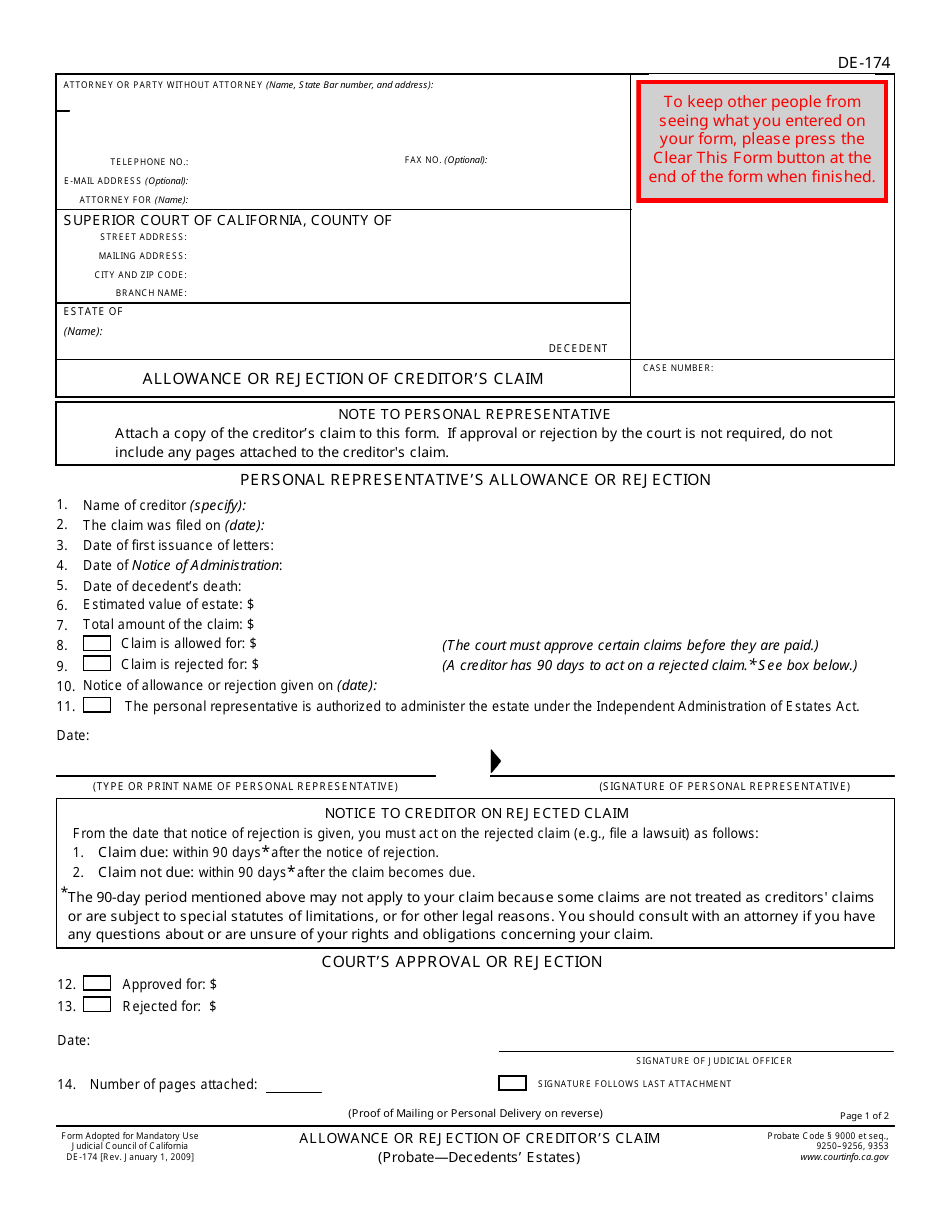 Form DE-174 Allowance or Rejection of Creditors Claim - California, Page 1