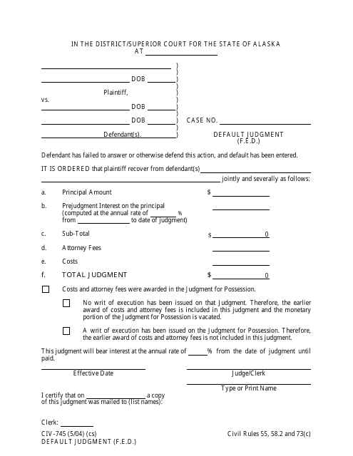 Form CIV-745 Default Judgment (F.e.d.) - Alaska