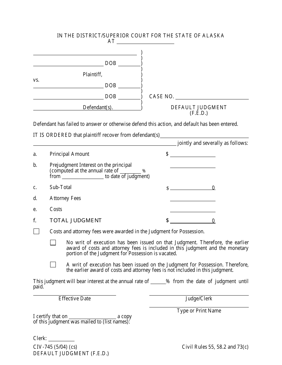 Form CIV-745 Default Judgment (F.e.d.) - Alaska, Page 1