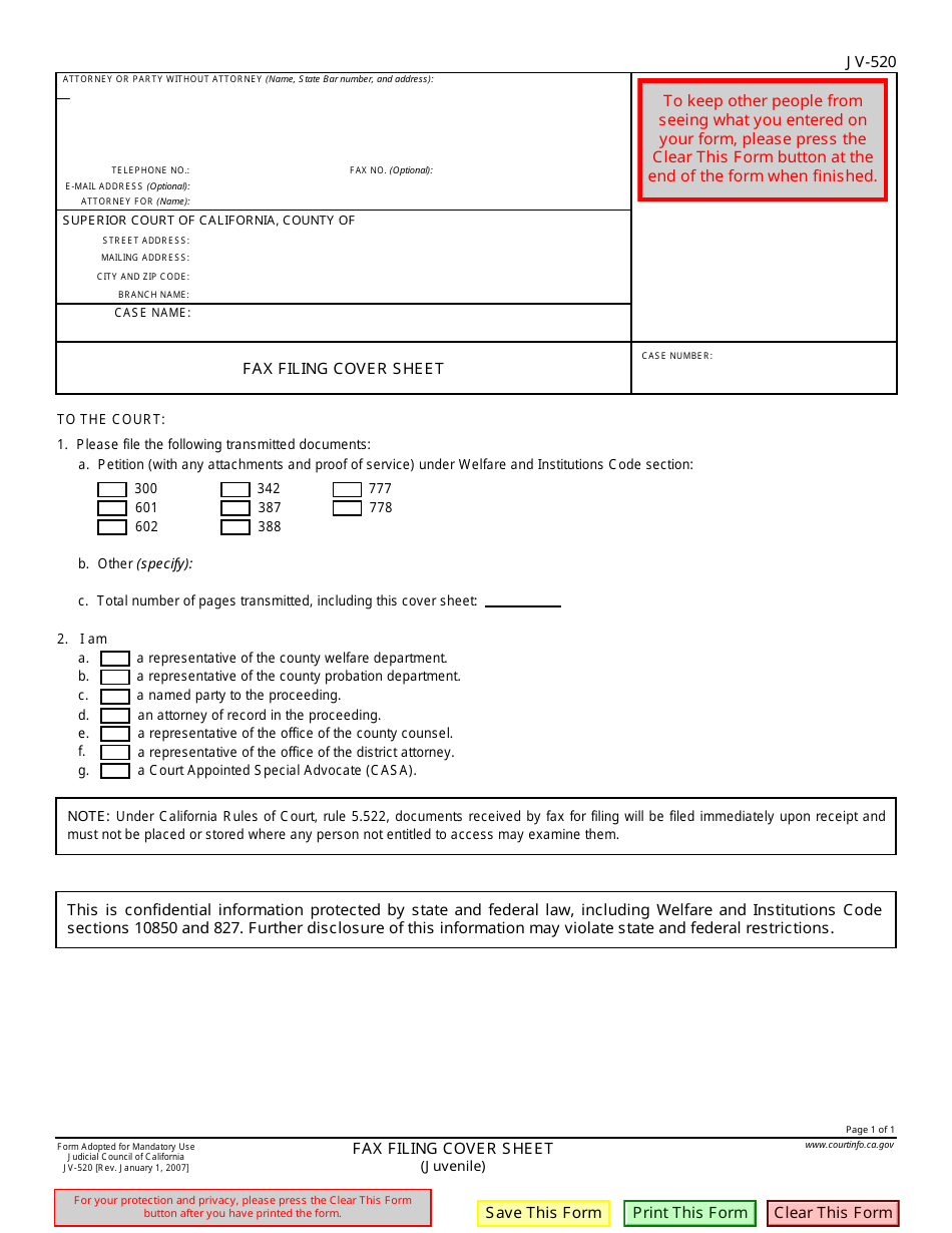 Form JV-520 Fax Filing Cover Sheet - California, Page 1