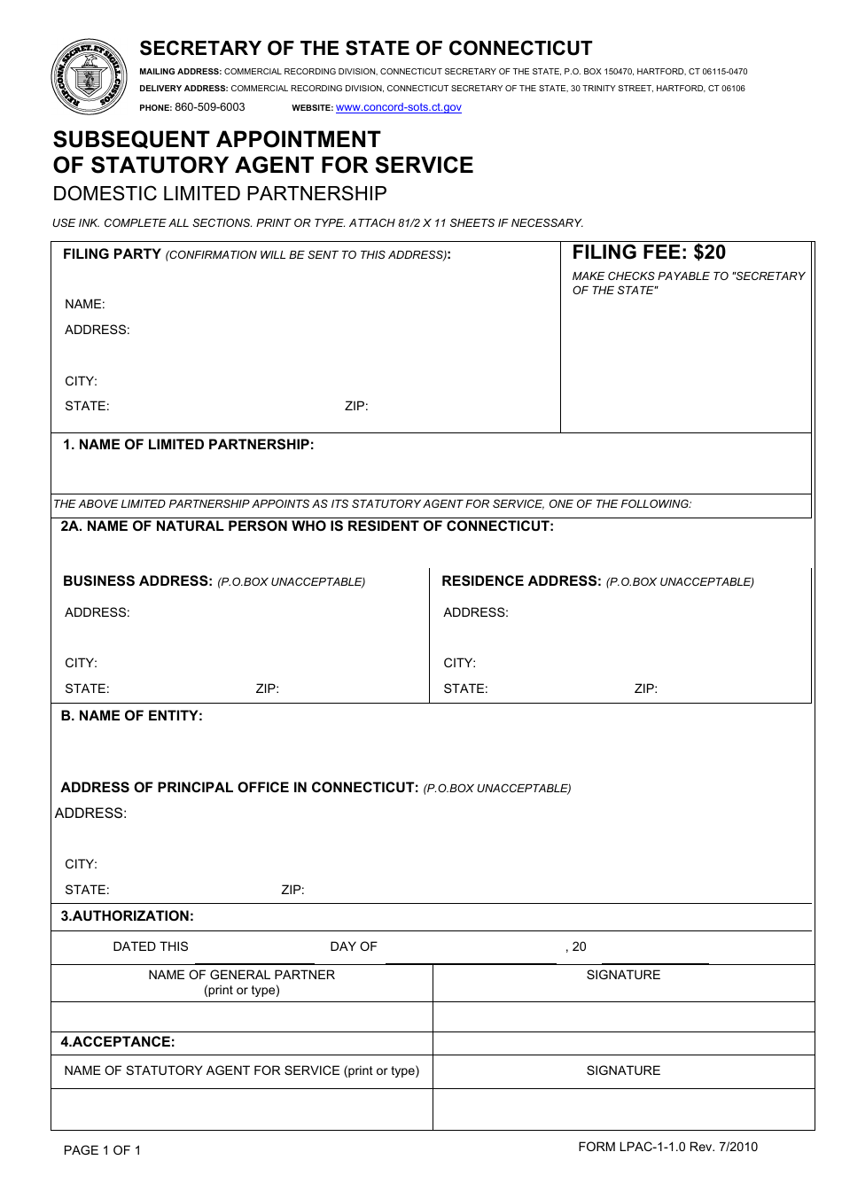 Form LPAC-1-1.0 Subsequent Appointment of Statutory Agent for Service - Domestic Limited Partnership - Connecticut, Page 1