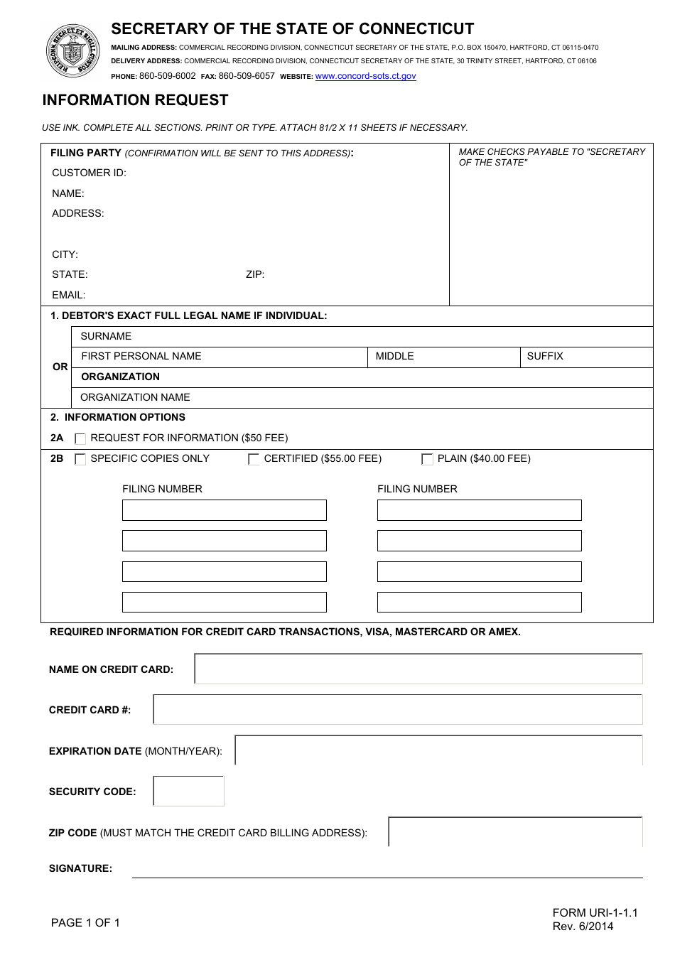 Form URI-1-1.1 Information Request - Connecticut, Page 1