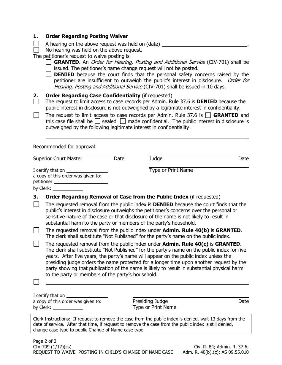 Form CIV-709 Request to Waive Posting in Childs Change of Name Case - Alaska, Page 2