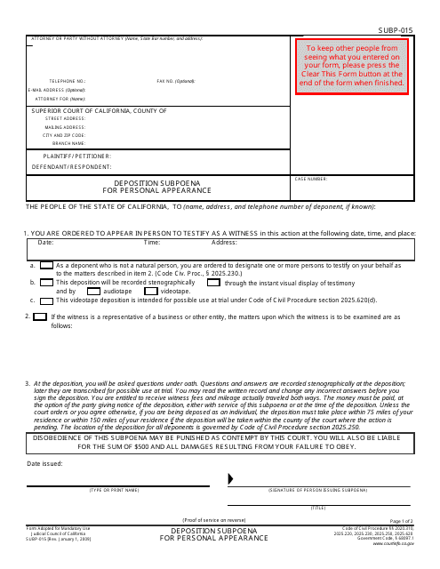 Form SUBP-015  Printable Pdf