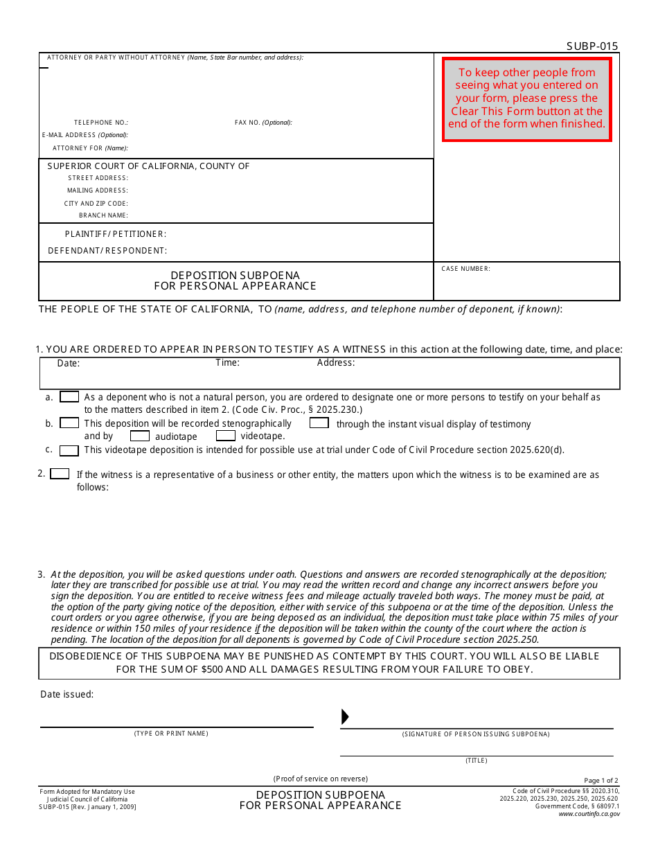 Form SUBP-015 Deposition Subpoena for Personal Appearance - California, Page 1