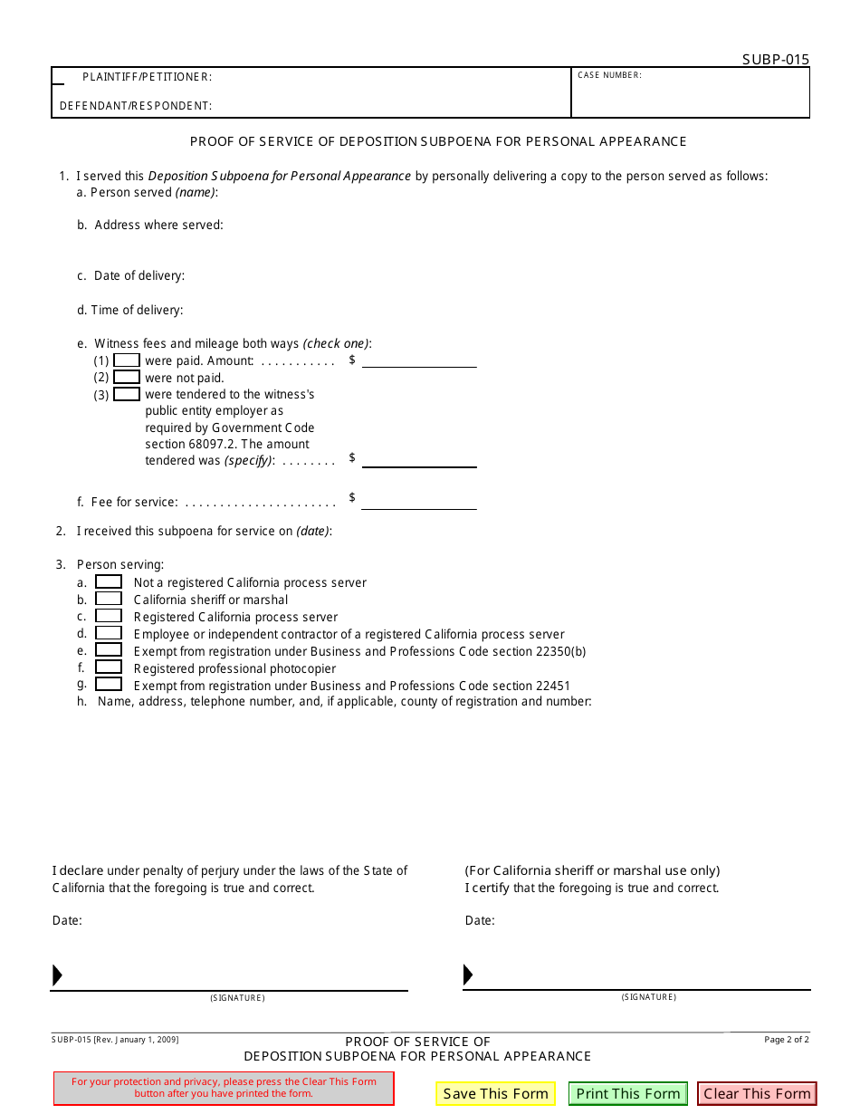 Form SUBP-015 Deposition Subpoena for Personal Appearance - California, Page 2