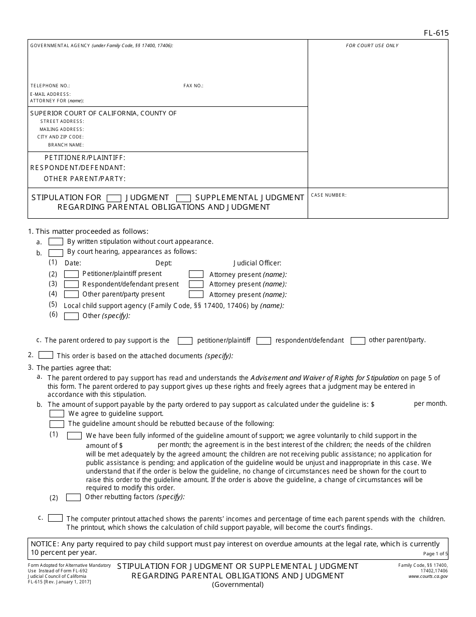 Form FL-615 Stipulation for Judgment or Supplemental Judgment Regarding Parental Obligations and Judgment - California, Page 1