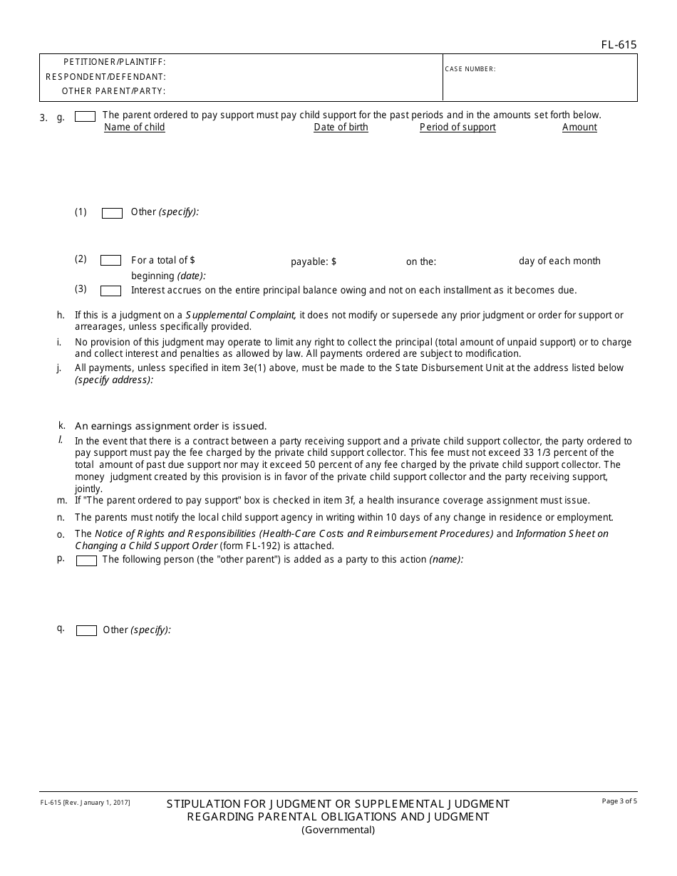 Form FL-615 Stipulation for Judgment or Supplemental Judgment Regarding Parental Obligations and Judgment - California, Page 3
