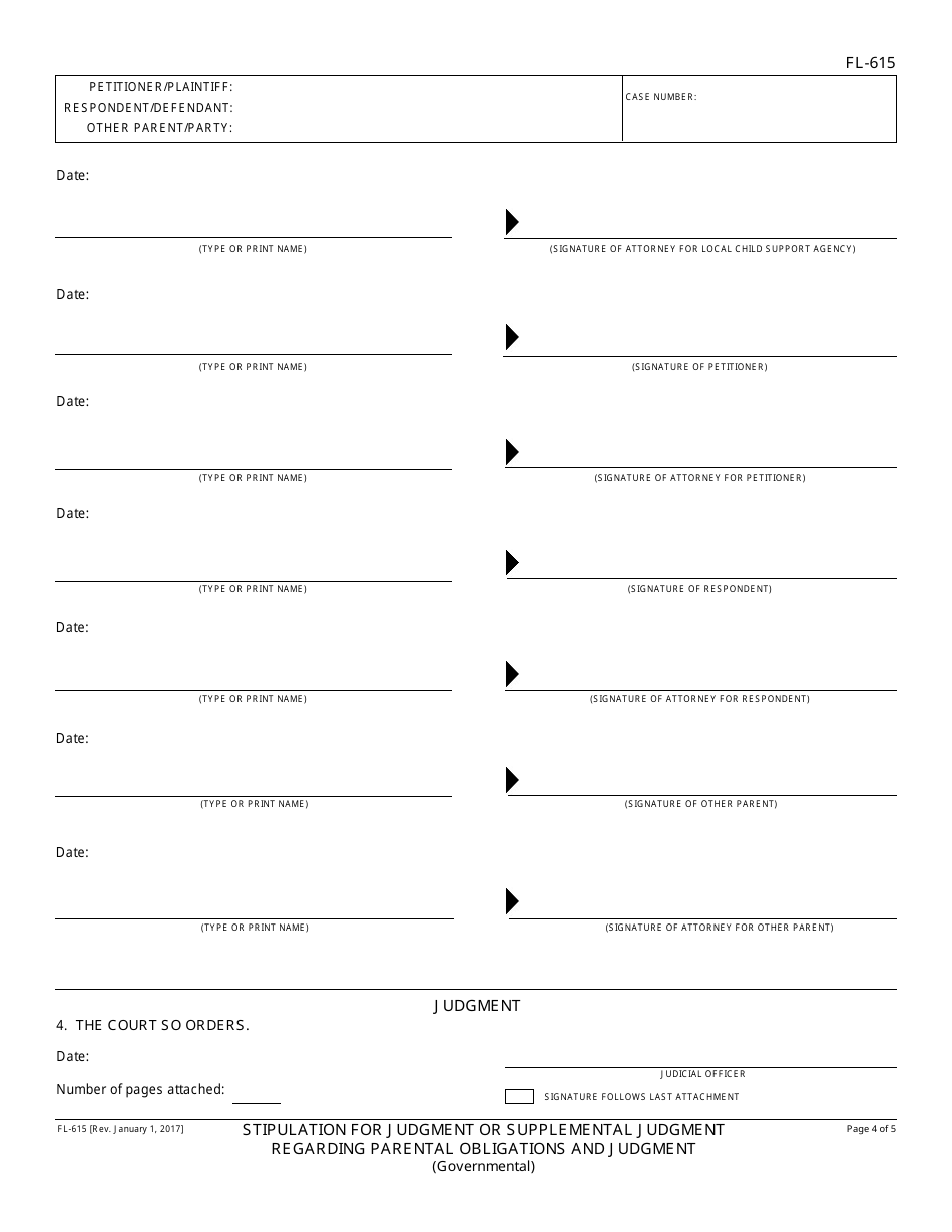 Form FL-615 Stipulation for Judgment or Supplemental Judgment Regarding Parental Obligations and Judgment - California, Page 4