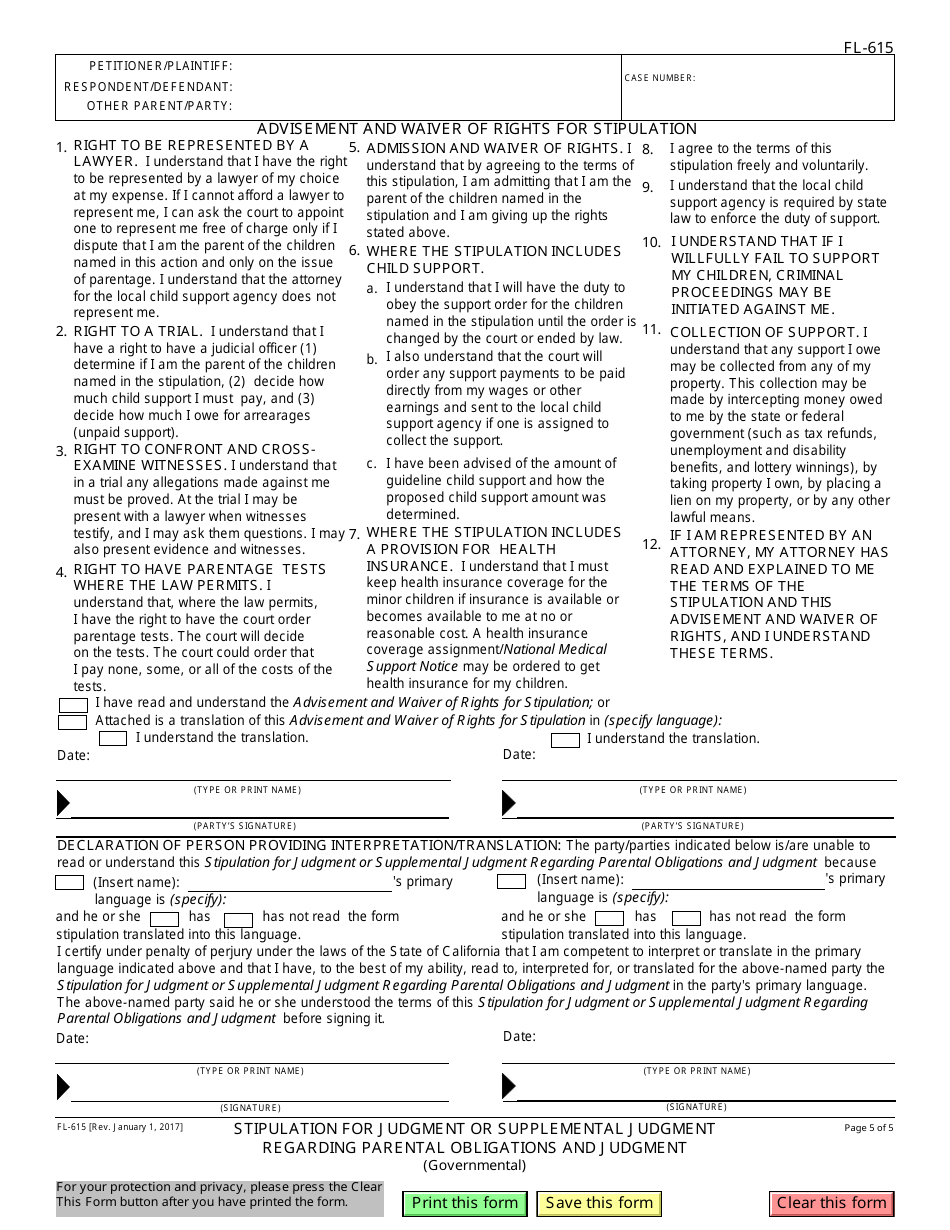 Form FL-615 Stipulation for Judgment or Supplemental Judgment Regarding Parental Obligations and Judgment - California, Page 5