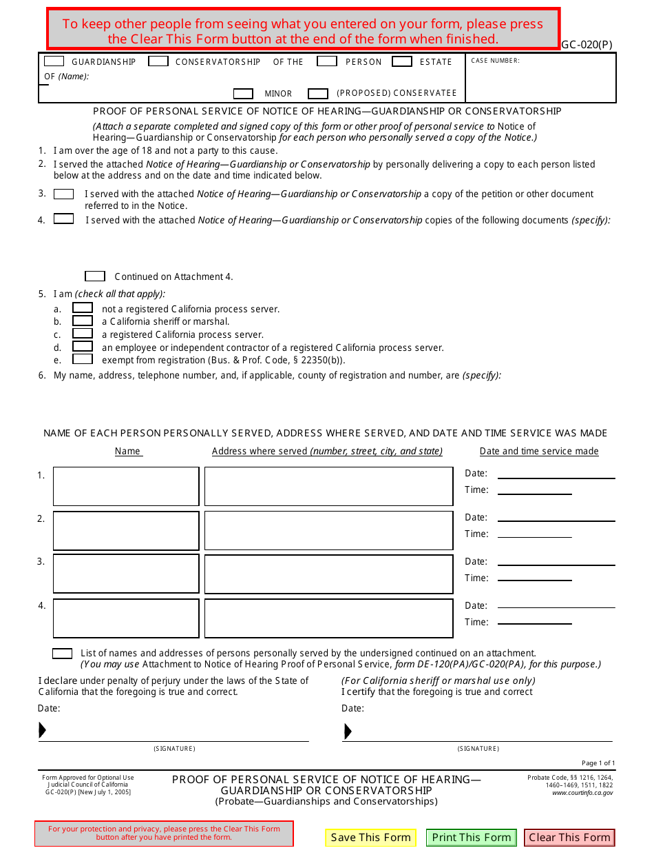Form GC-020(P) Proof of Personal Service of Notice of Hearing - Guardianship or Conservatorship - California, Page 1