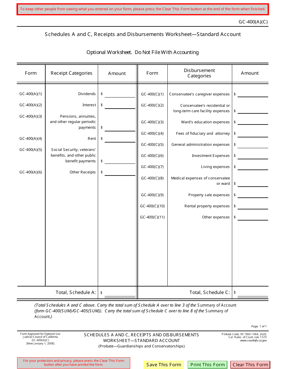 Form GC-400 Schedule A, C Receipts and Disbursements Worksheet - Standard Account - California, Page 1
