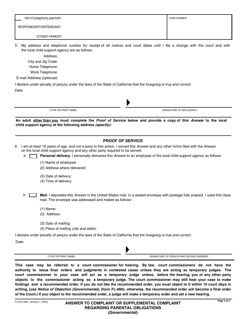 Form FL-610 Answer to Complaint or Supplemental Complaint Regarding Parental Obligations - California, Page 2
