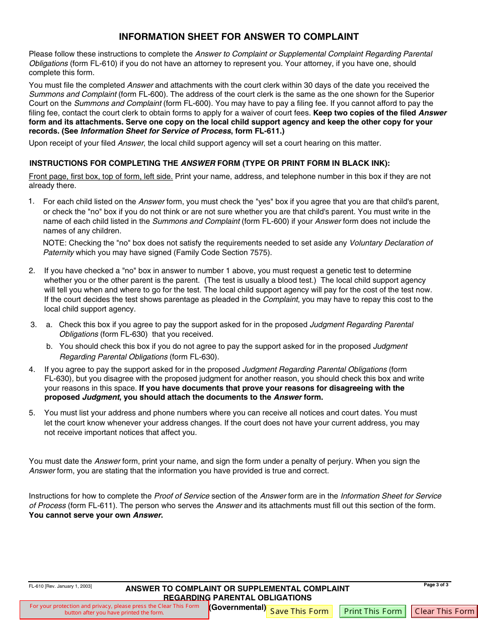 Form FL-610 Answer to Complaint or Supplemental Complaint Regarding Parental Obligations - California, Page 3