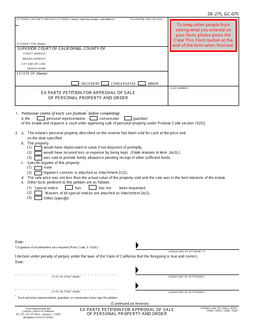Form DE-275 (GC-075)  Printable Pdf