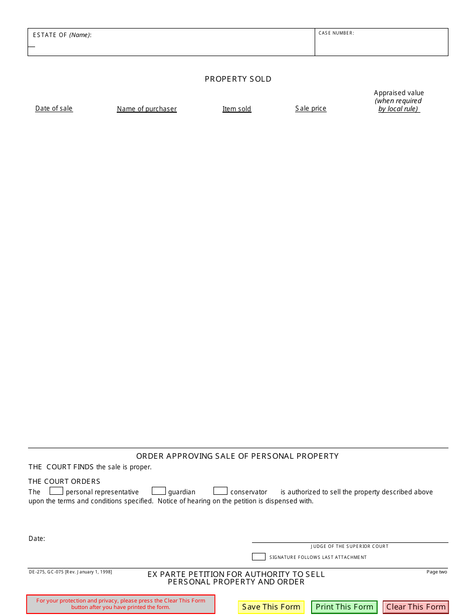 Form DE-275 (GC-075) Ex Parte Petition for Approval of Sale of Personal Property and Order - California, Page 2