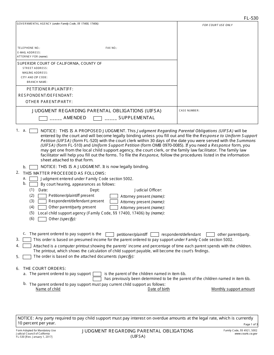Form FL-530 Judgment Regarding Parental Obligations (Uifsa) - California, Page 1