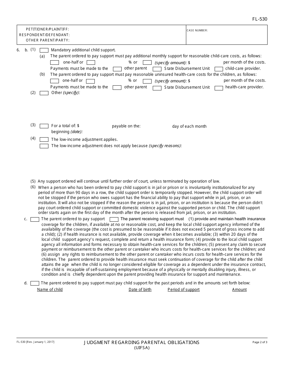 Form FL-530 Judgment Regarding Parental Obligations (Uifsa) - California, Page 2