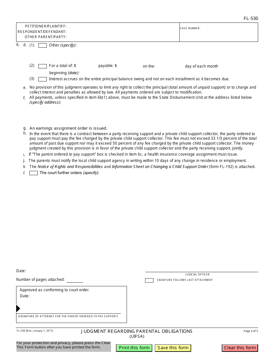 Form FL-530 Judgment Regarding Parental Obligations (Uifsa) - California, Page 3