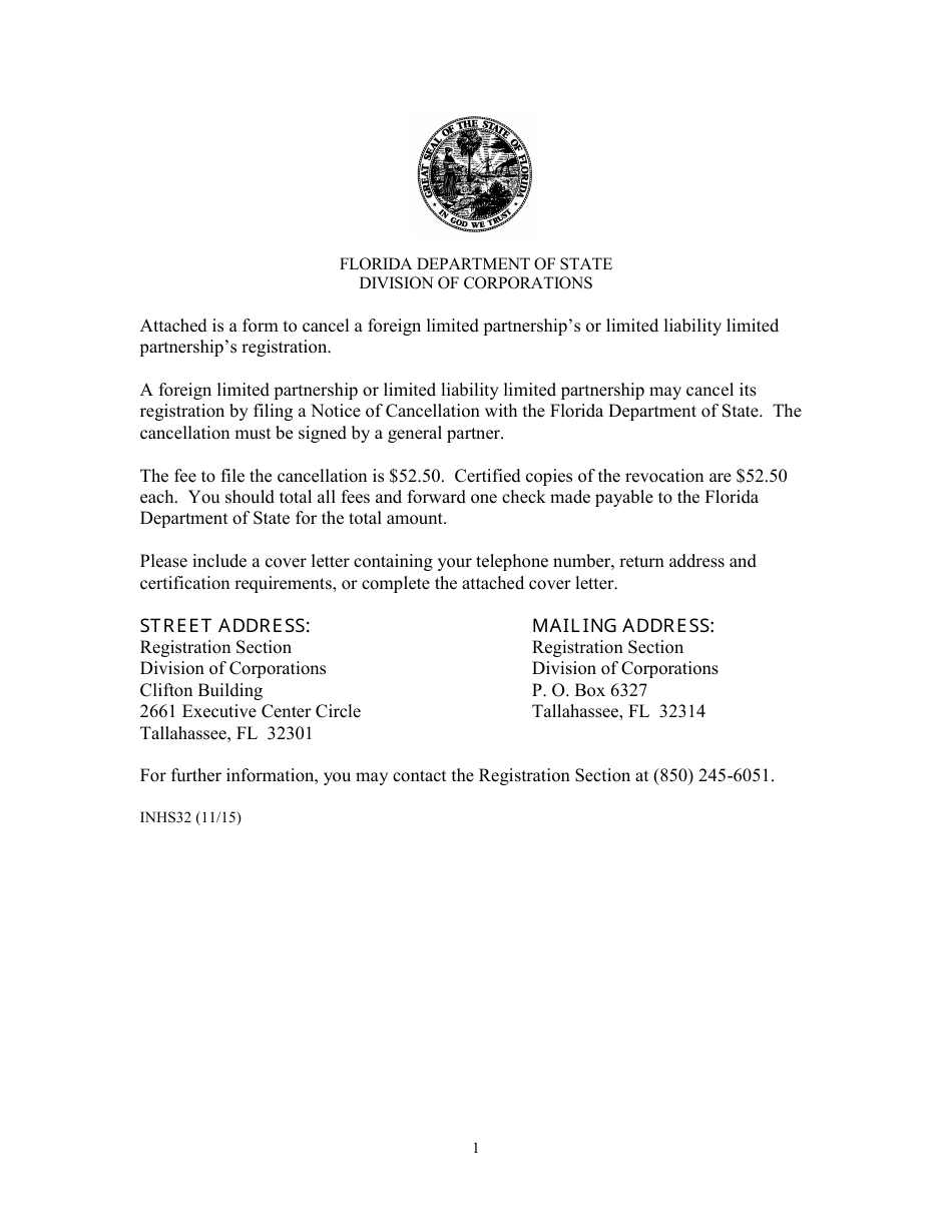 Form INHS32 Notice of Cancellation for Foreign Limited Partnership or Limited Liability Limited Partnership - Florida, Page 1