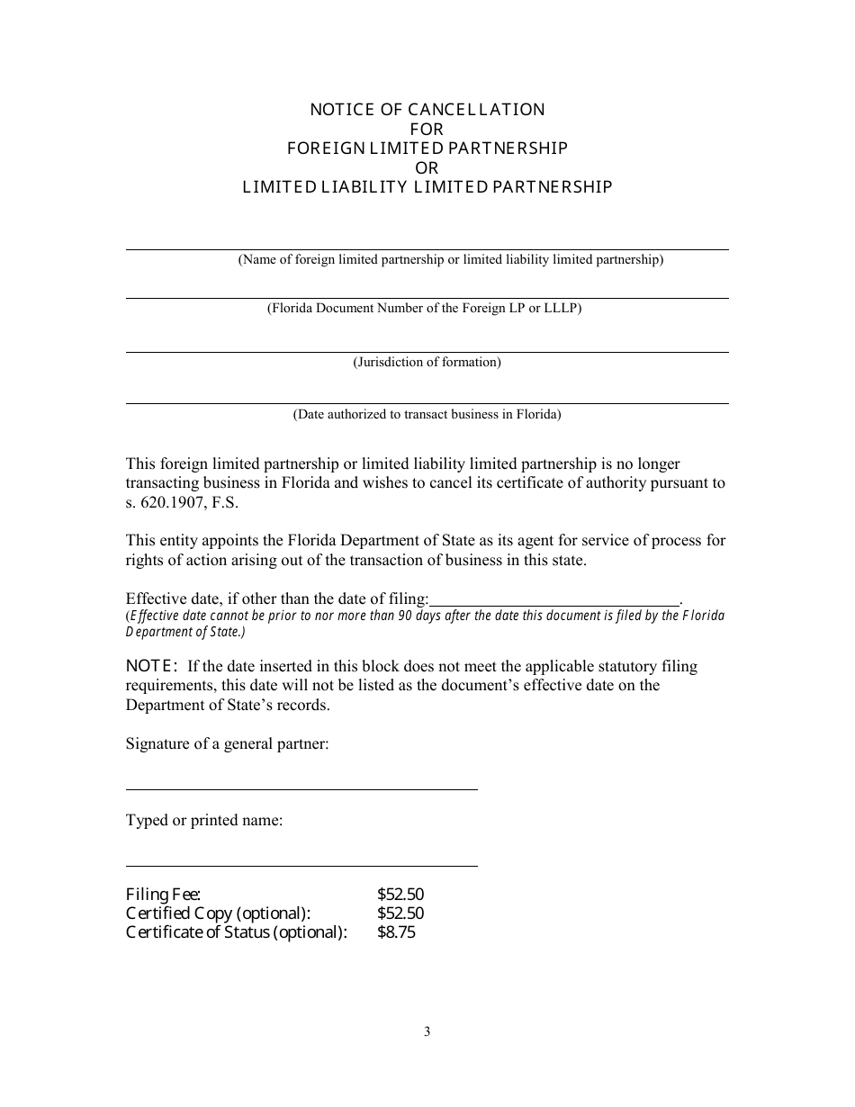 Form INHS32 Notice of Cancellation for Foreign Limited Partnership or Limited Liability Limited Partnership - Florida, Page 3