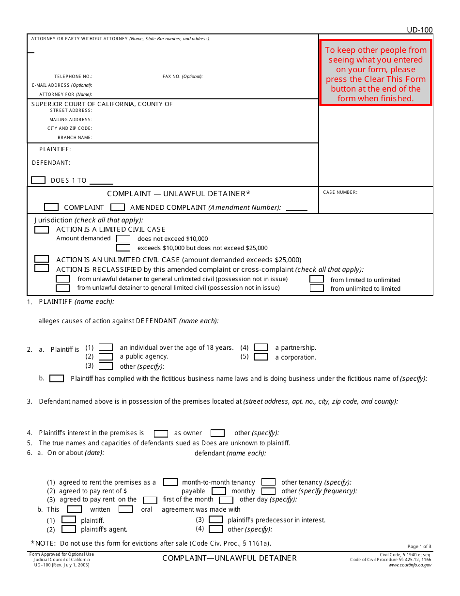 Form UD-100 Complaint - Unlawful Detainer - California, Page 1