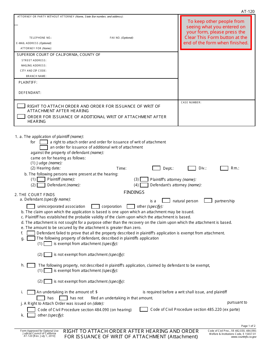 Form AT-120 Right to Attach Order After Hearing and Order for Issuance of Writ of Attachment - California, Page 1
