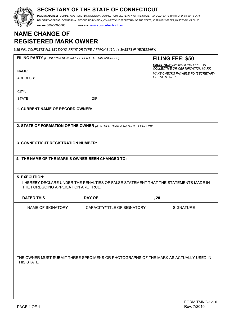 Form TMNC-1-1.0 Name Change of Registered Mark Owner - Connecticut, Page 1