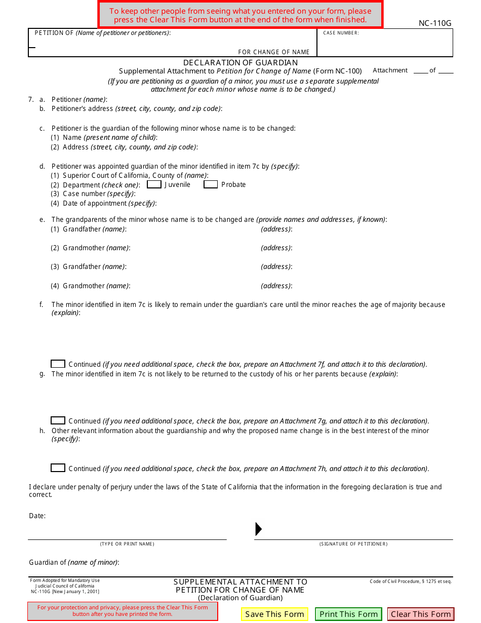 Form NC-110G Declaration of Guardian - California, Page 1