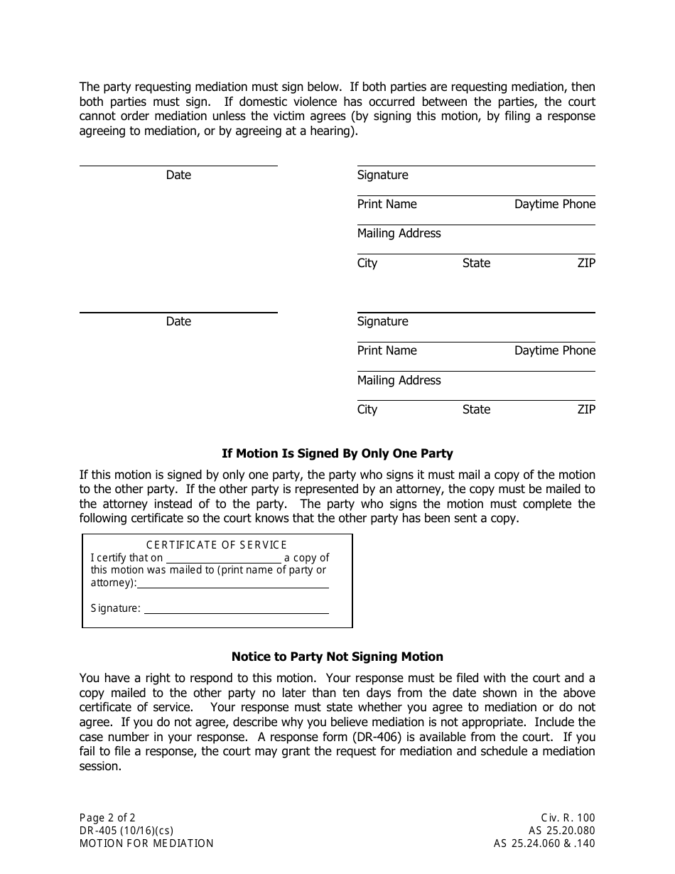 Form DR-405 Motion for Mediation Through Child Custody and Visitation Mediation Program - Alaska, Page 2