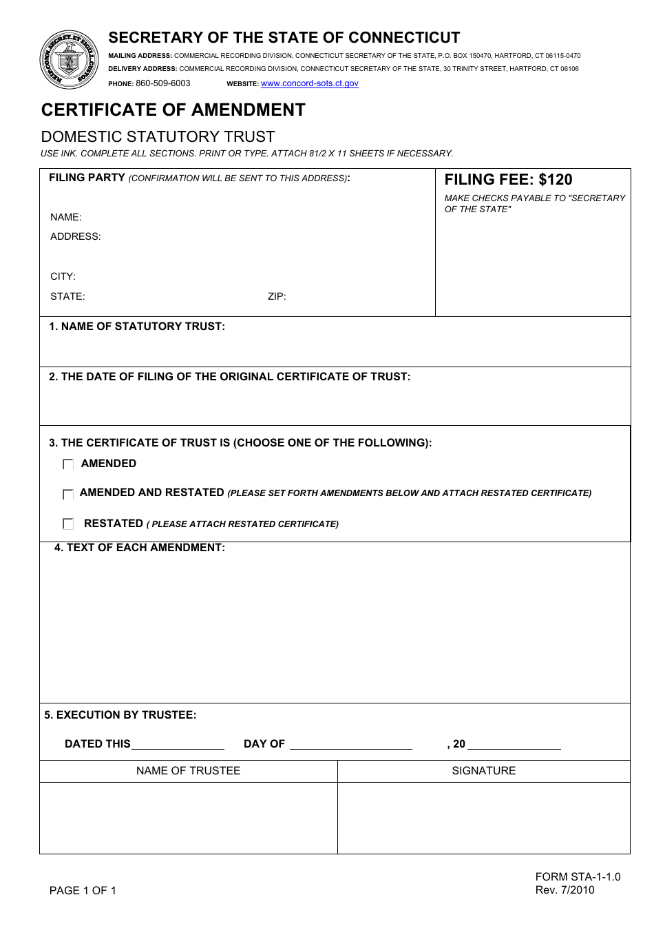 Form STA-1-1.0 Certificate of Amendment - Domestic Statutory Trust - Connecticut, Page 1