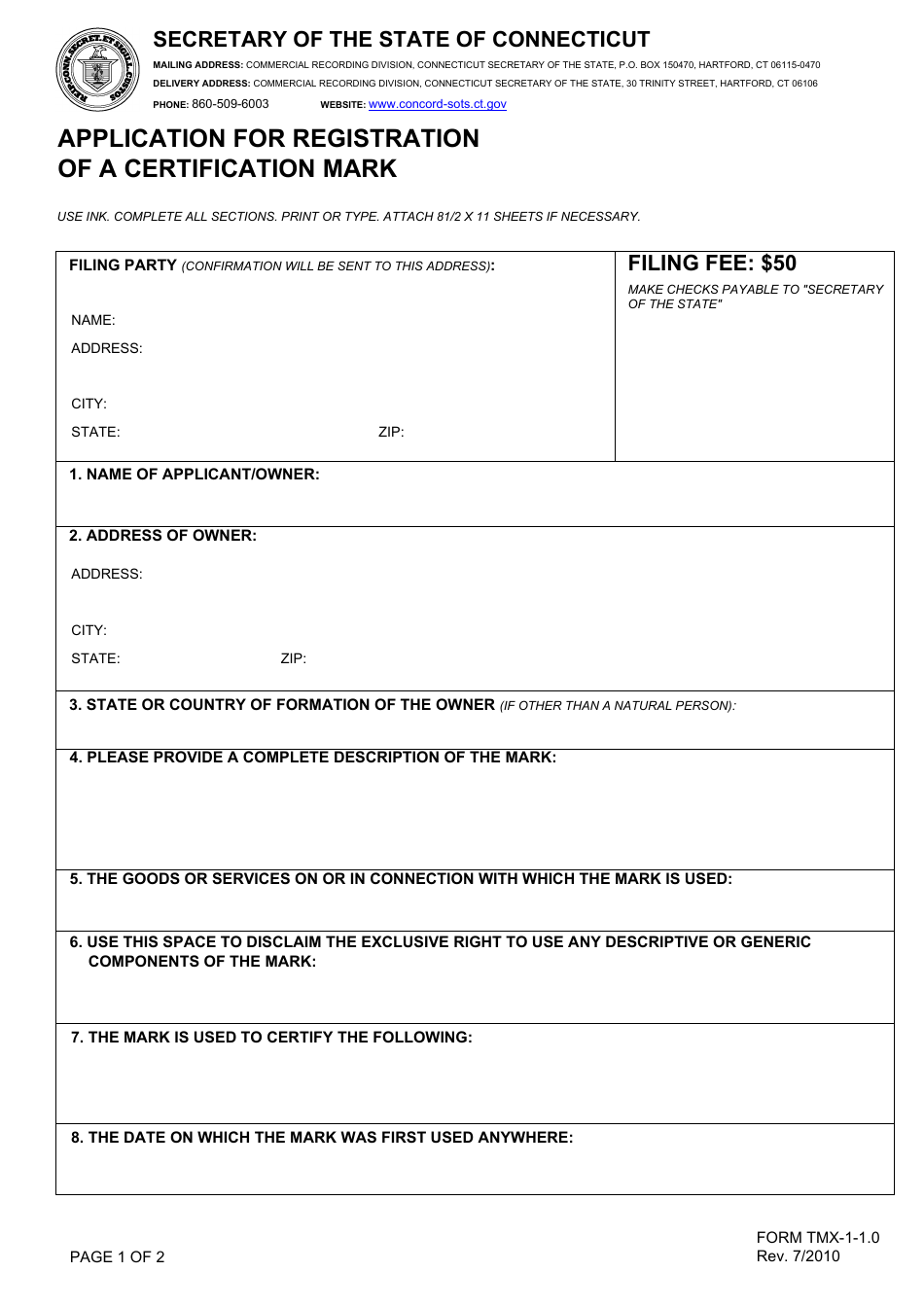 Form TMX-1-1.0 Application for Registration of a Certification Mark - Connecticut, Page 1