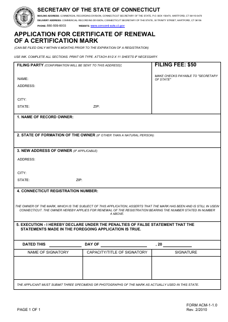 Form ACM-1-1.0 Application for Certificate of Renewal of a Certification Mark - Connecticut