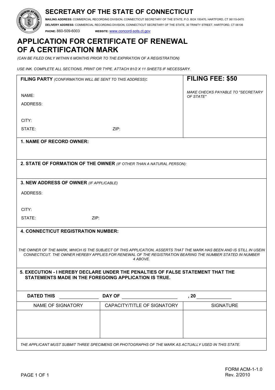 Form ACM-1-1.0 Application for Certificate of Renewal of a Certification Mark - Connecticut, Page 1