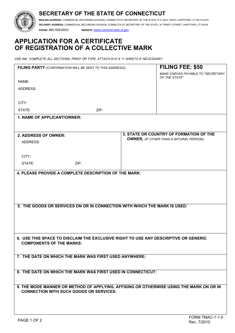 Form TMAC-1-1.0 Application for a Certificate of Registration of a Collective Mark - Connecticut, Page 1