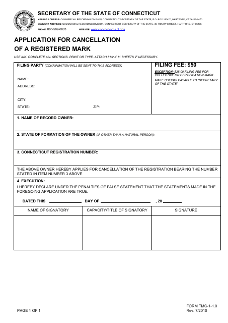 Form TMC-1-1.0 Application for Cancellation of a Registered Mark - Connecticut