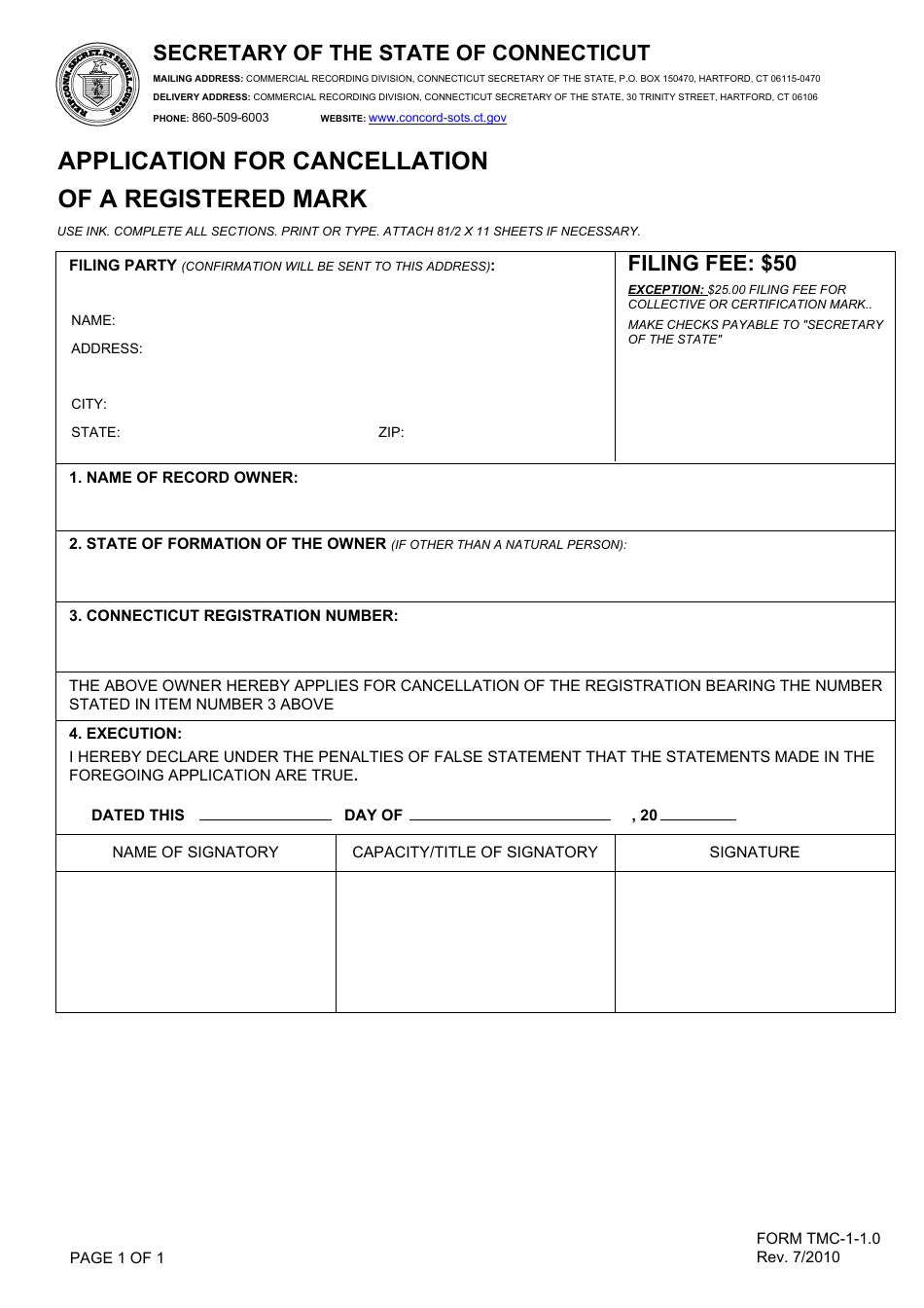 Form TMC-1-1.0 Application for Cancellation of a Registered Mark - Connecticut, Page 1